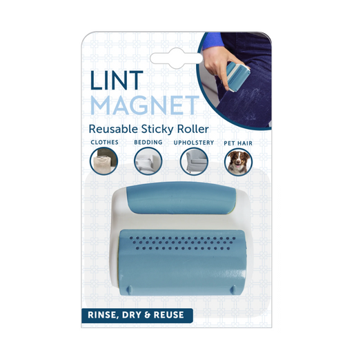 Reusable lint roller removing lint and pet hair from clothing