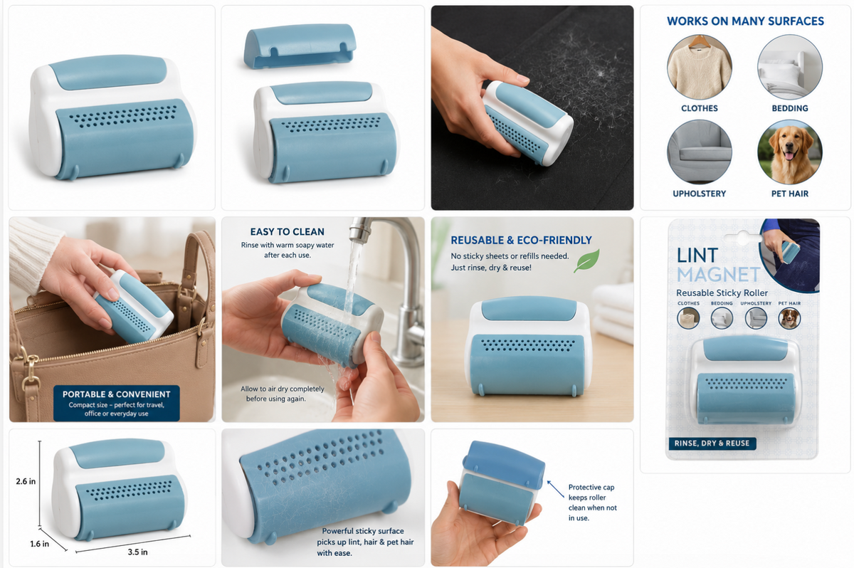 Reusable lint roller removing lint and pet hair from clothing