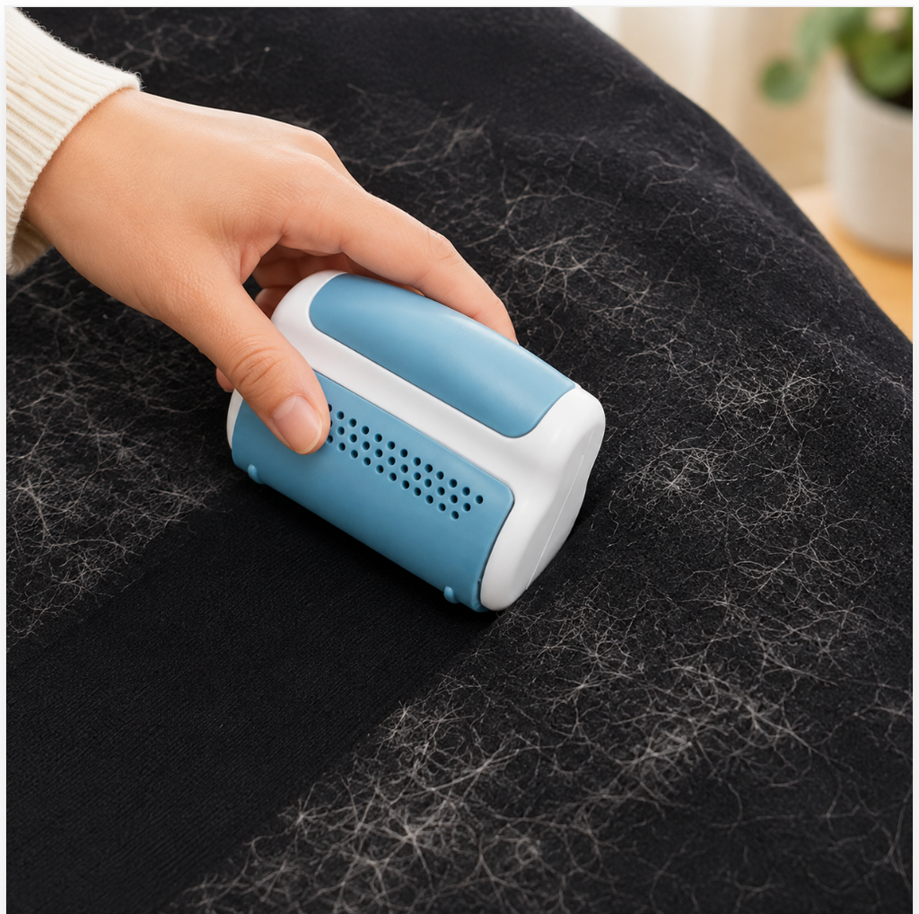 Reusable lint roller removing lint and pet hair from clothing