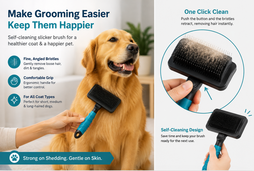 Self-cleaning slicker brush with stainless steel grooming pins